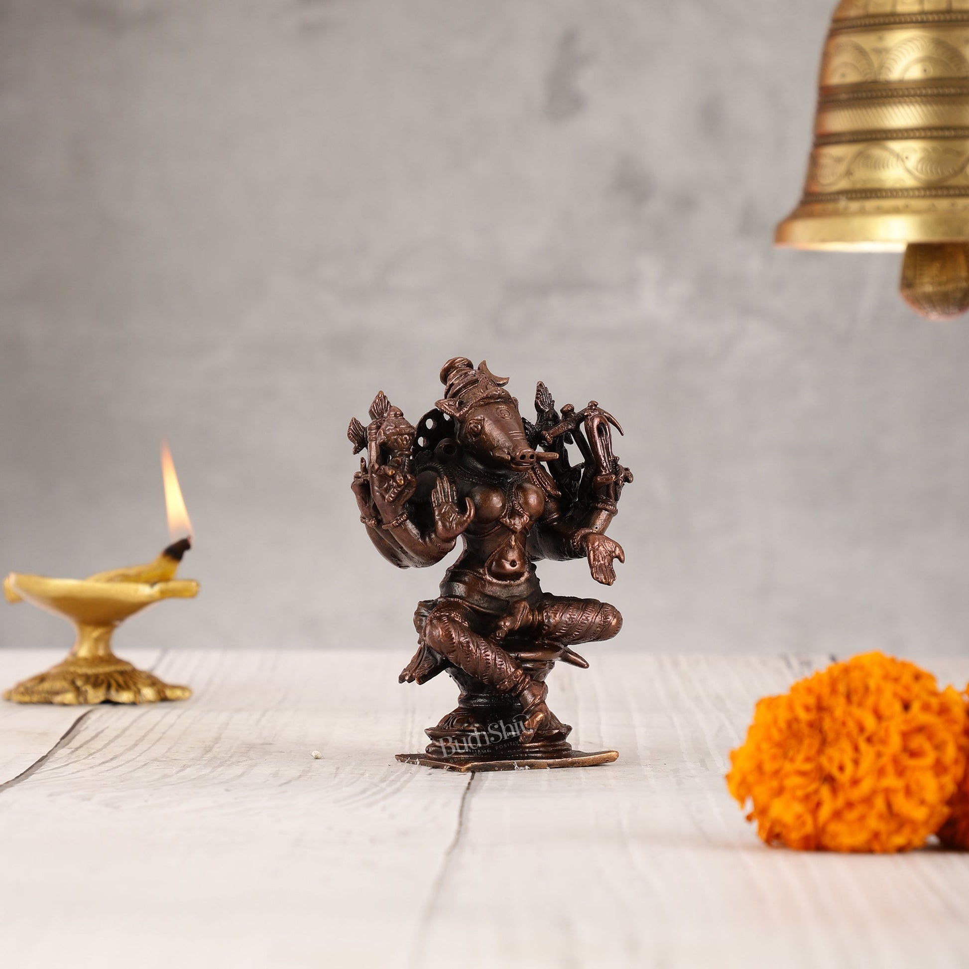 Pure Copper Varahi Amman Idol six arms | Height 3.5 inch | BudhShiv Brass Handicrafts