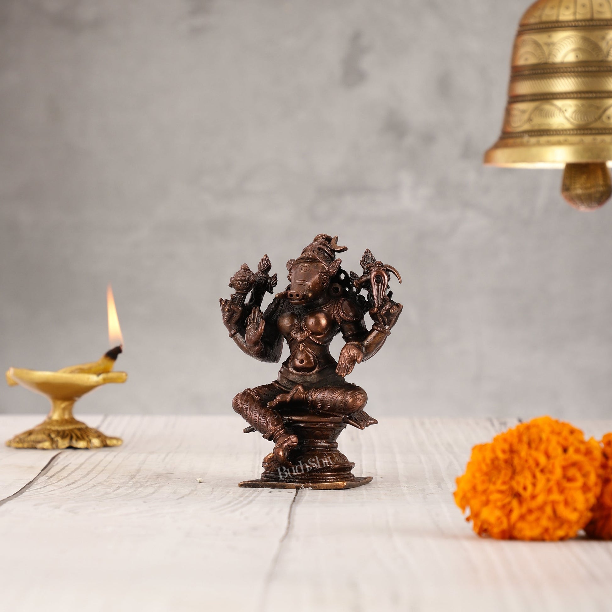 Pure Copper Varahi Amman Idol six arms | Height 3.5 inch | BudhShiv Brass Handicrafts