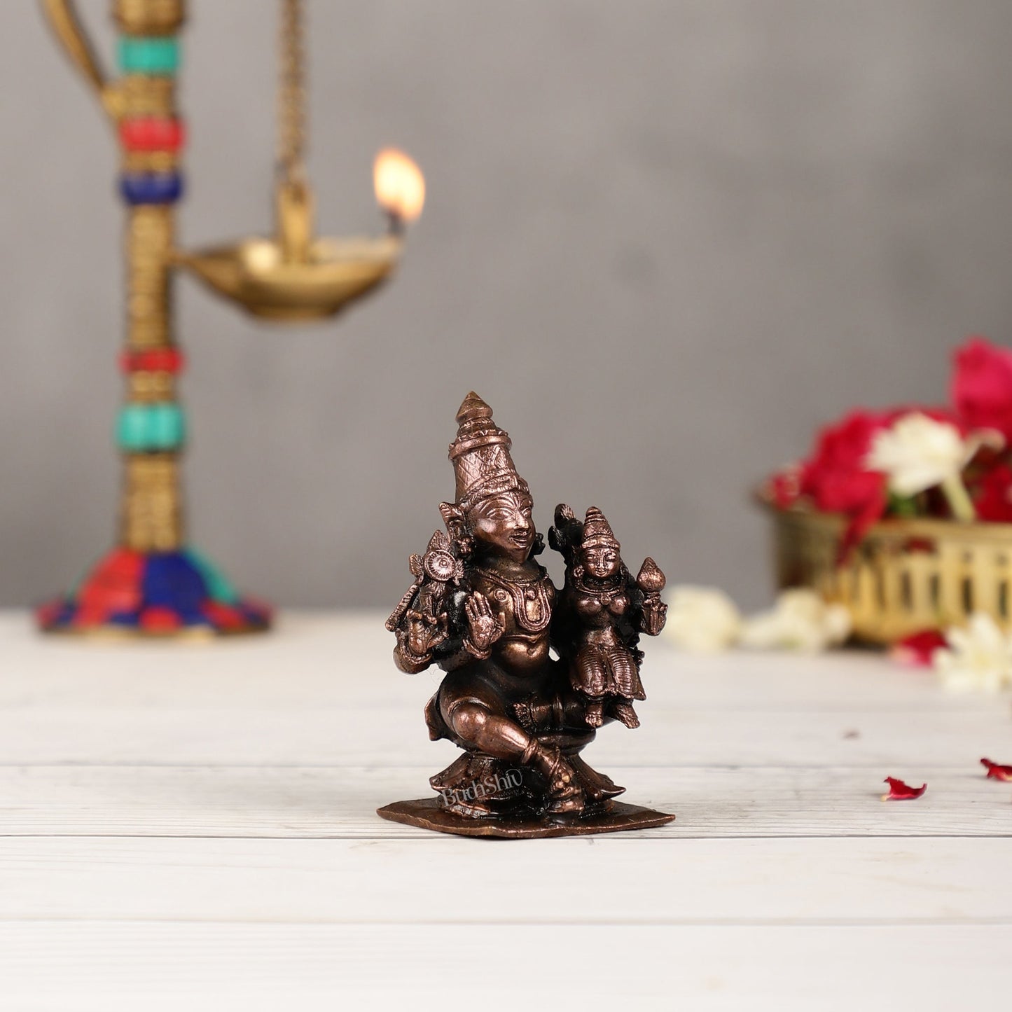 Pure Copper Vishnu Lakshmi Idol | Height 3 inch | BudhShiv Brass Handicrafts