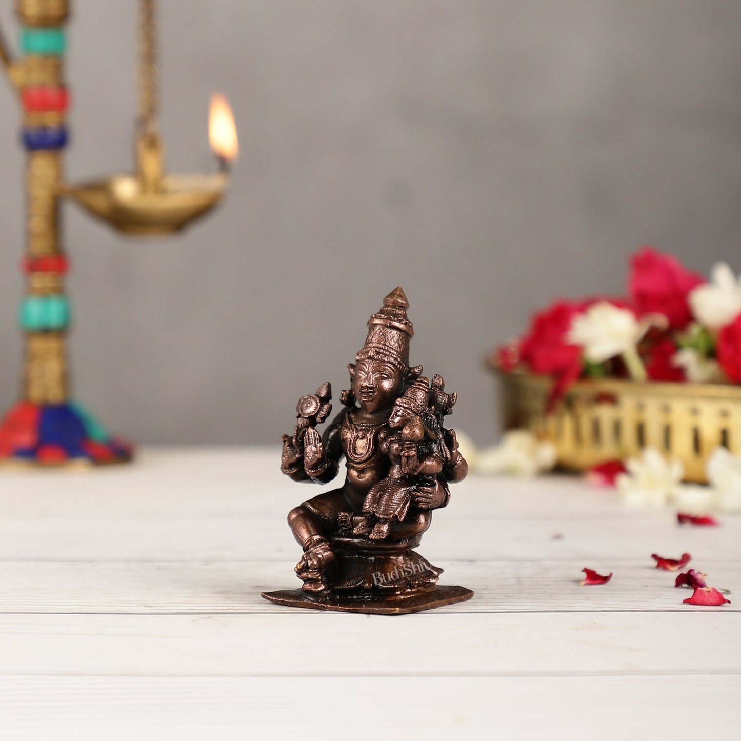Pure Copper Vishnu Lakshmi Idol | Height 3 inch | BudhShiv Brass Handicrafts