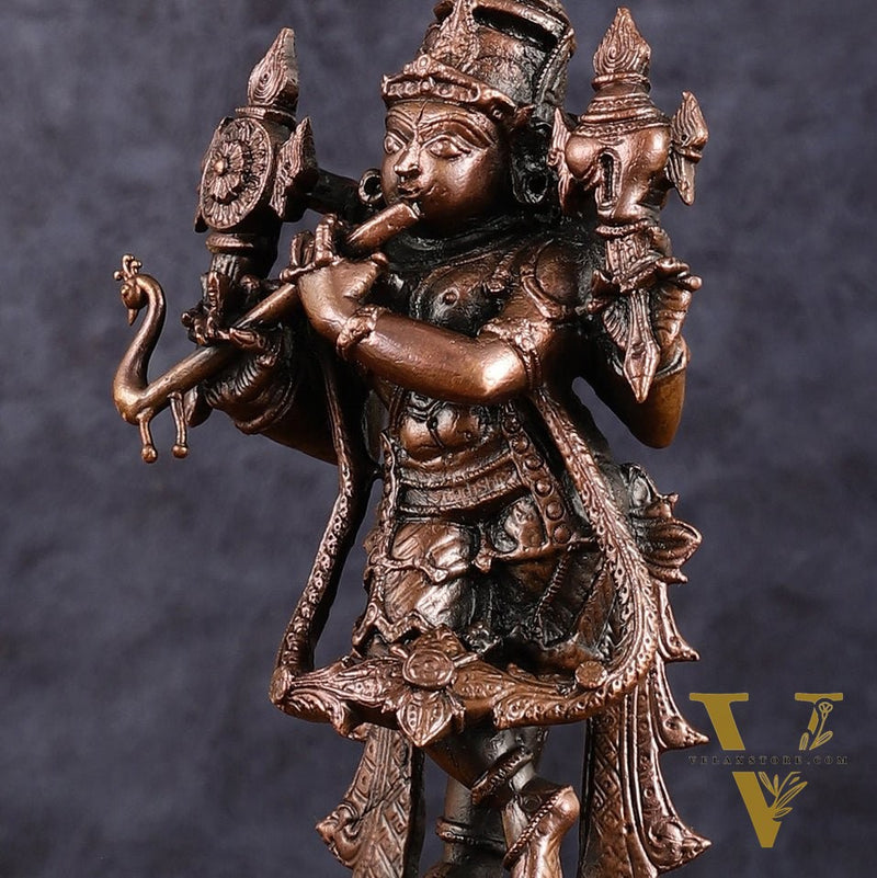 Pure Copper Vishnu roopam Charbhuja Krishna Idol | 6"