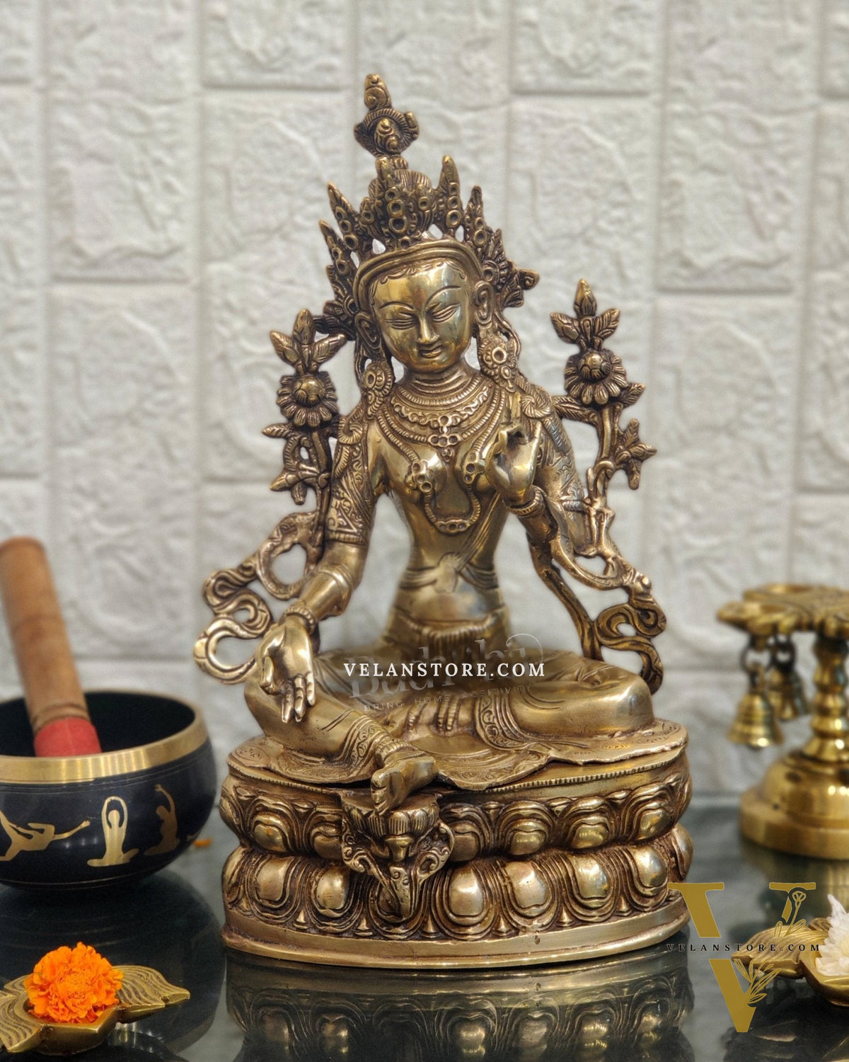Pure Fine Brass Green Tara Statue - 14 inches