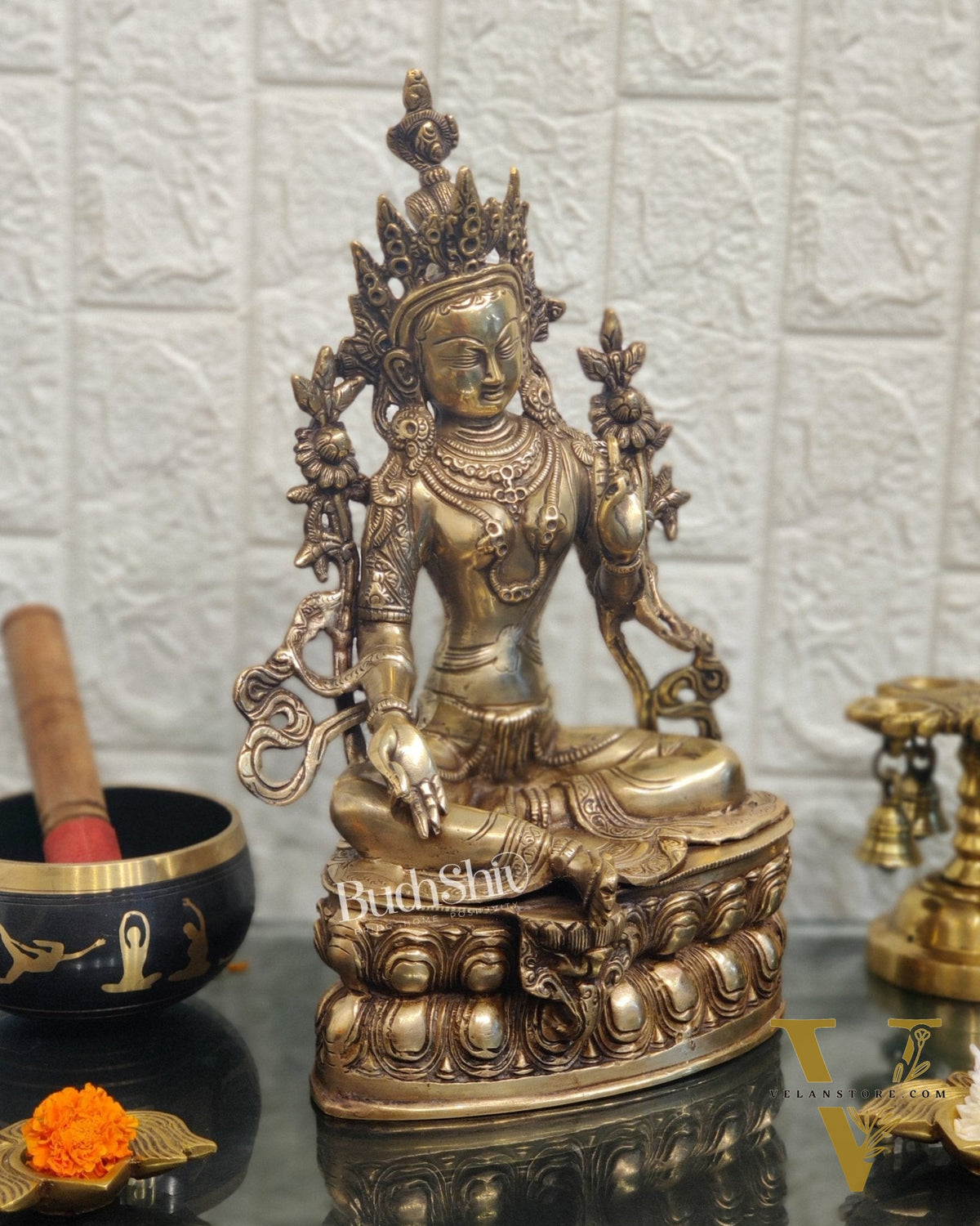 Pure Fine Brass Green Tara Statue - 14 inches
