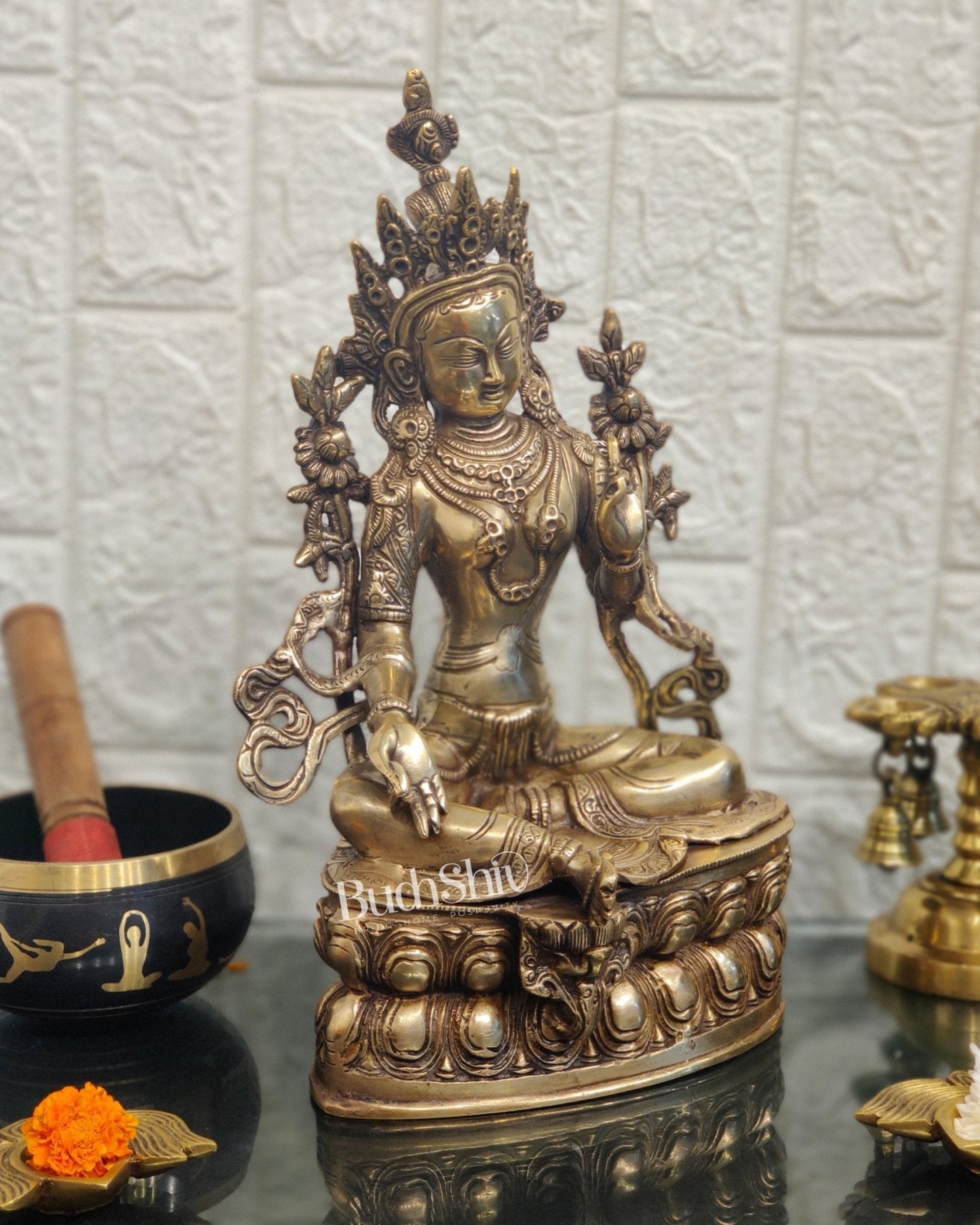 Pure Fine Brass Green Tara Statue - 14 inches