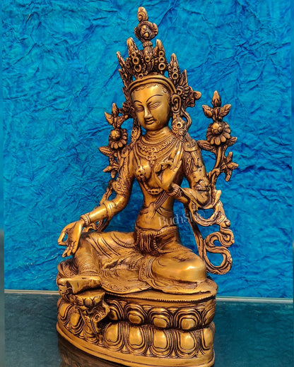 Pure Fine Brass Green Tara Statue | 14" x 8" x 5" |