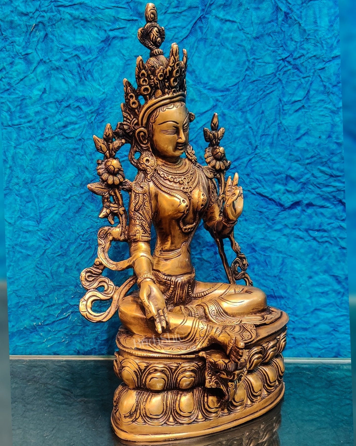 Pure Fine Brass Green Tara Statue | 14" x 8" x 5" |