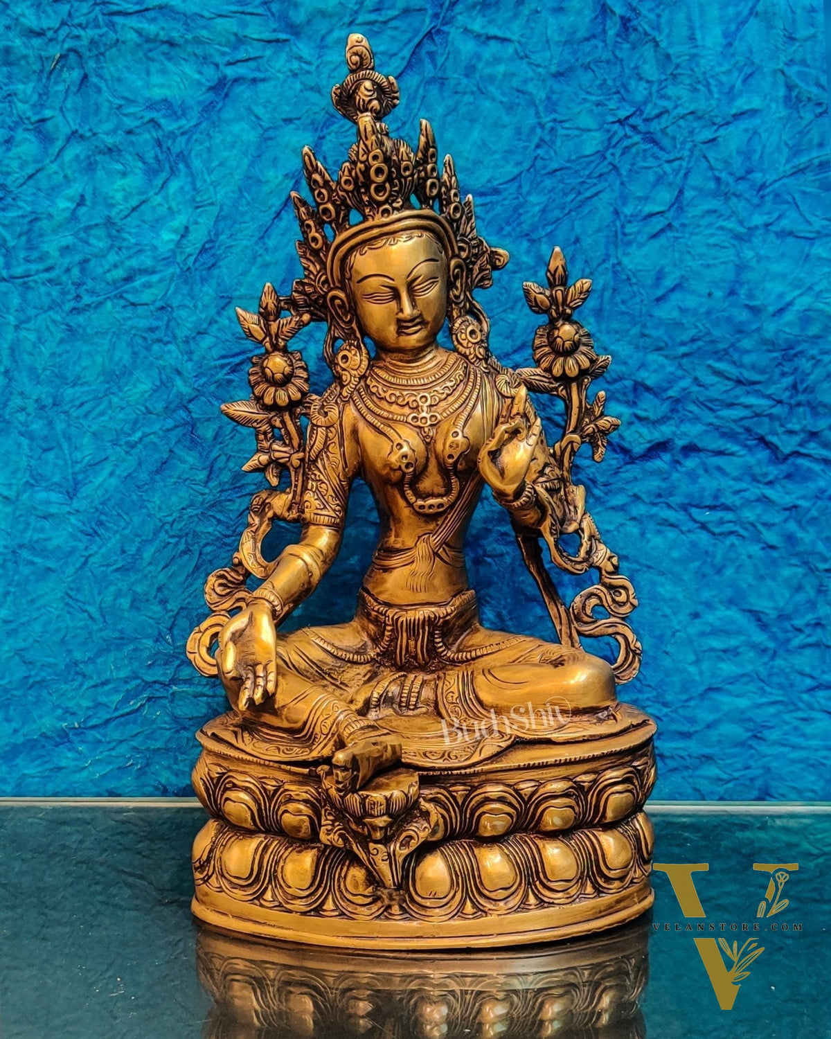 Pure Fine Brass Green Tara Statue | 14" x 8" x 5" |