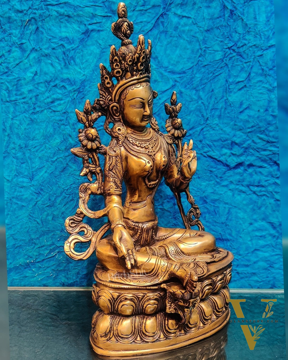 Pure Fine Brass Green Tara Statue | 14" x 8" x 5" |