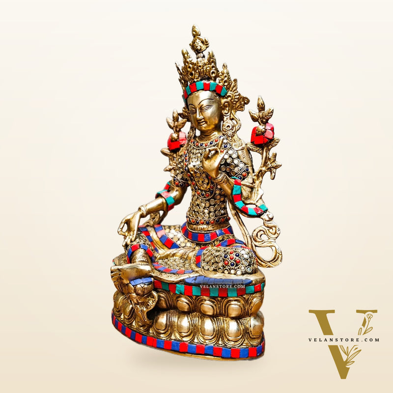 Pure Fine Brass Green Tara Statue | 14" x 8" x 5" | with stonework