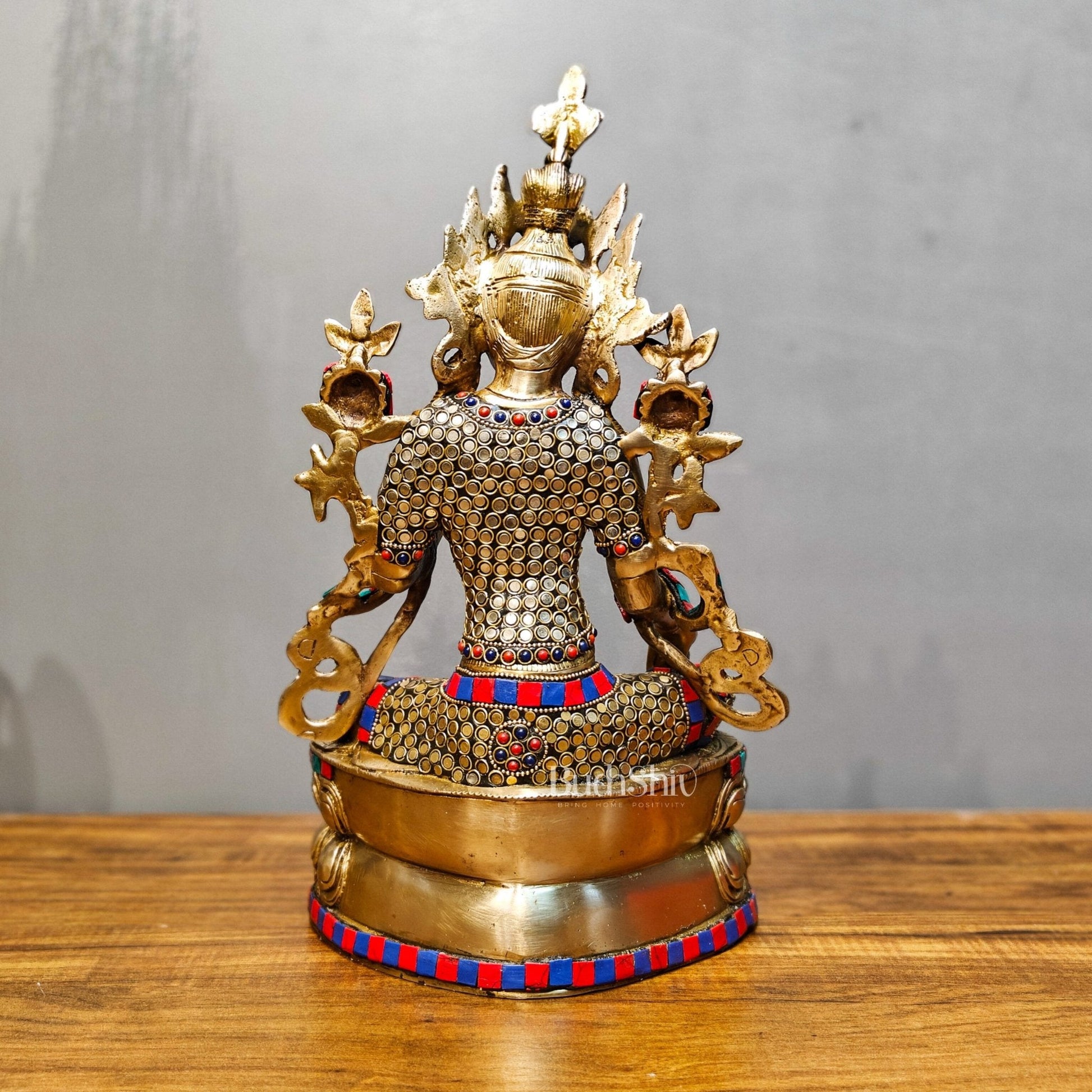 Pure Fine Brass Green Tara Statue | 14" x 8" x 5" | with stonework