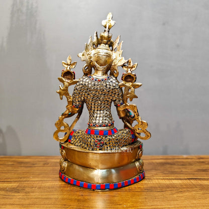 Pure Fine Brass Green Tara Statue | 14" x 8" x 5" | with stonework