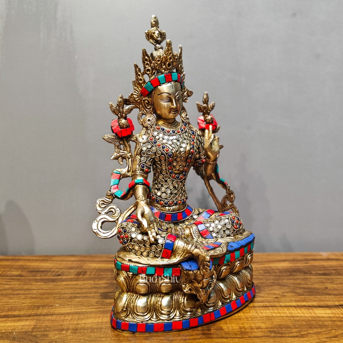 Pure Fine Brass Green Tara Statue | 14" x 8" x 5" | with stonework