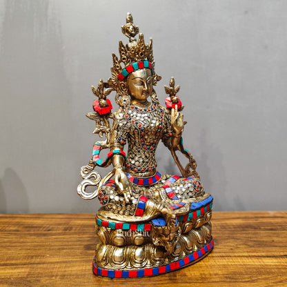 Pure Fine Brass Green Tara Statue | 14" x 8" x 5" | with stonework