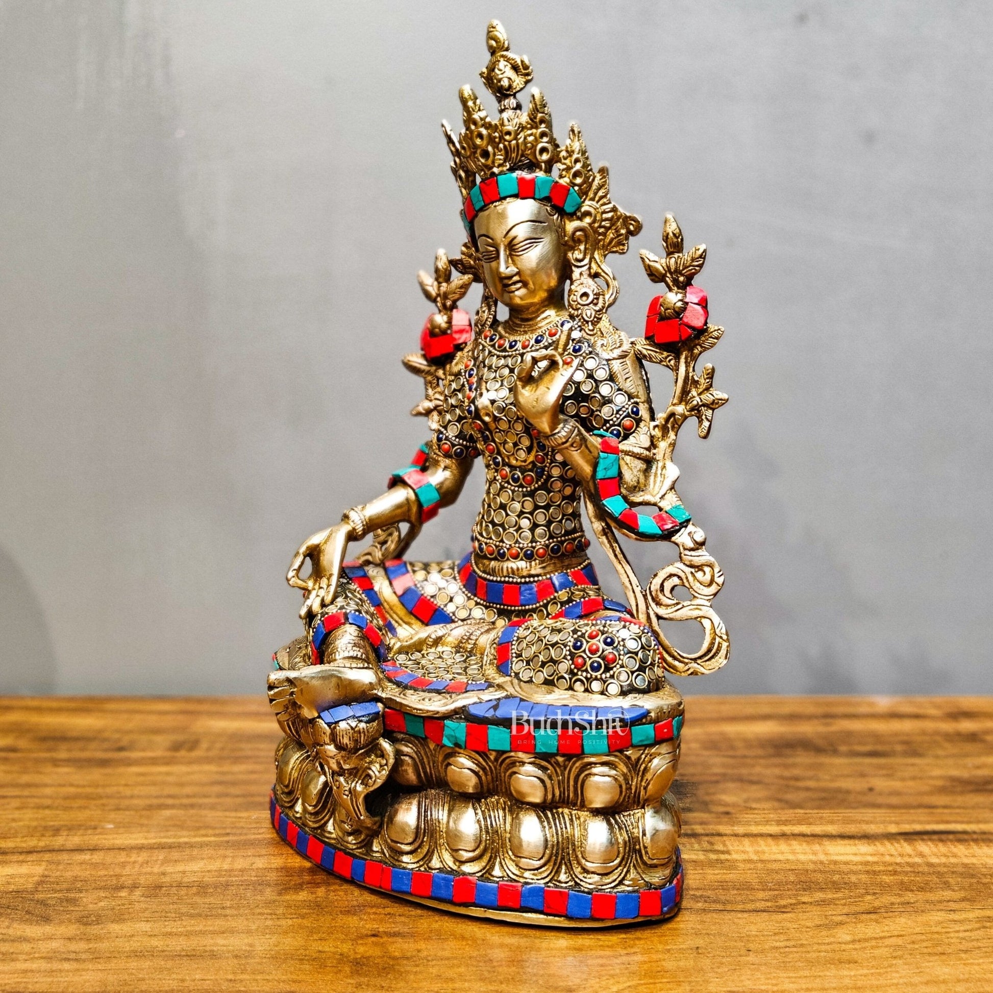 Pure Fine Brass Green Tara Statue | 14" x 8" x 5" | with stonework