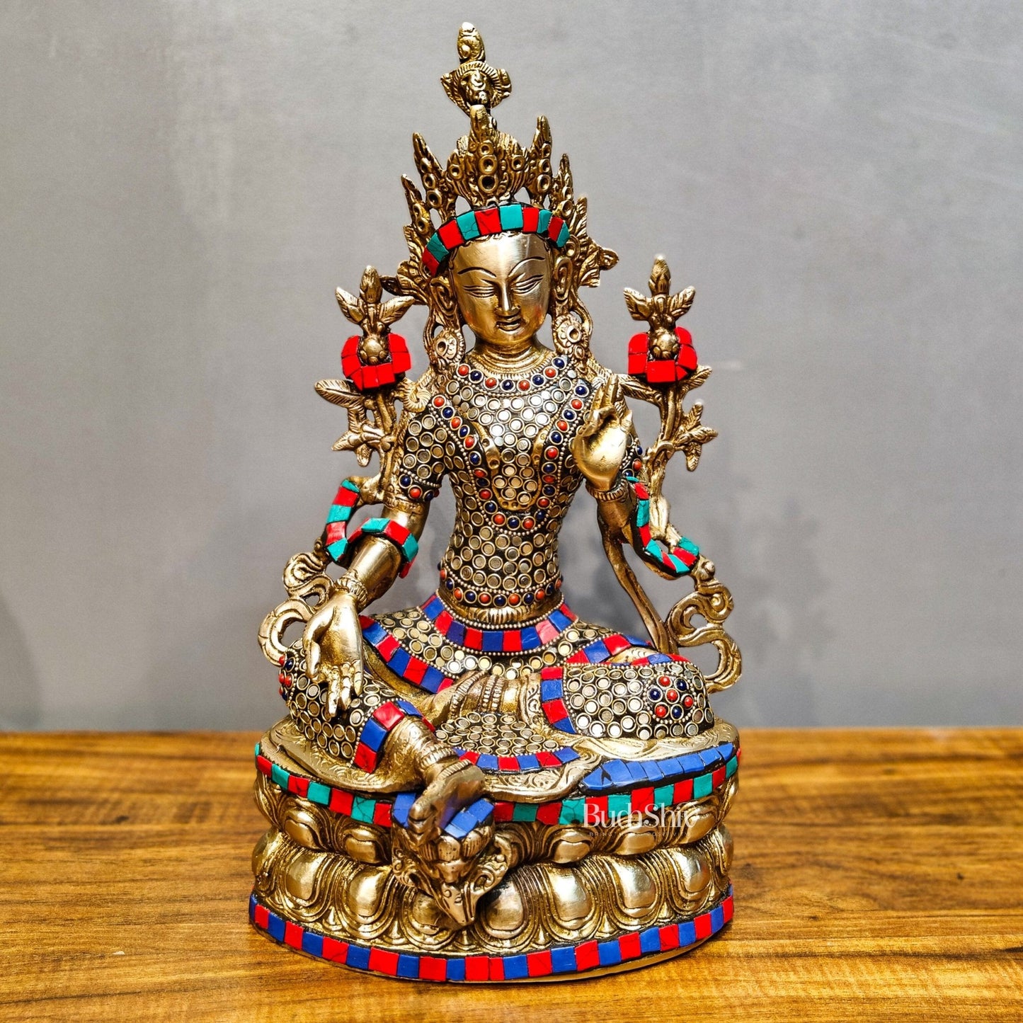 Pure Fine Brass Green Tara Statue | 14" x 8" x 5" | with stonework