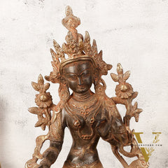 Pure Fine Brass White Tara Statue - 14" Tall - Antique Sand Patina