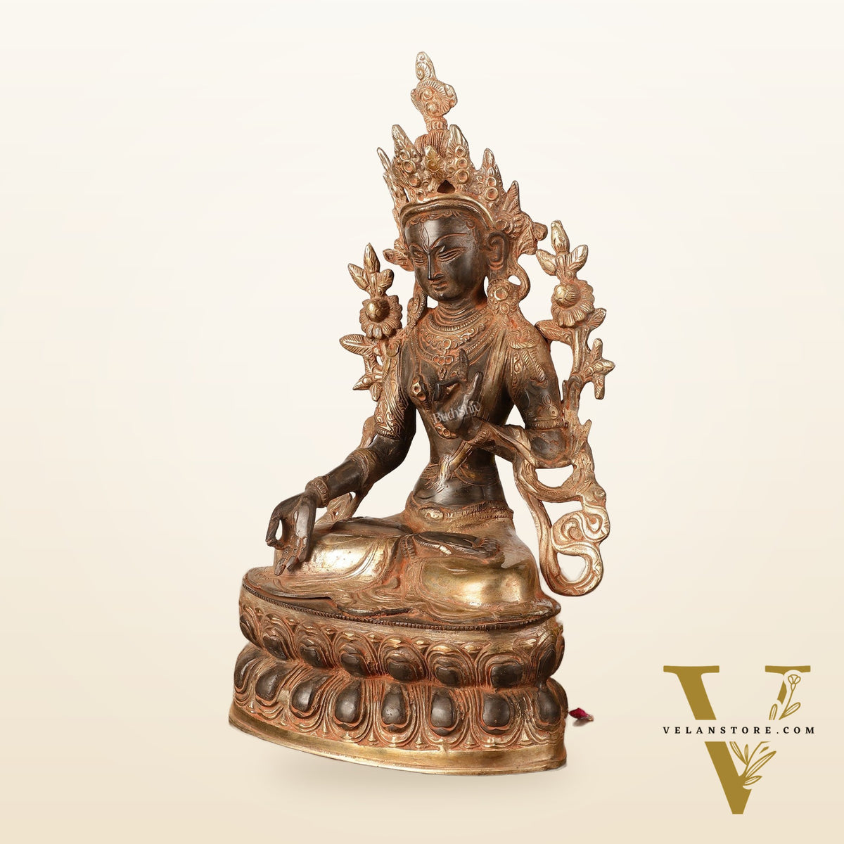 Pure Fine Brass White Tara Statue - 14" Tall - Antique Sand Patina