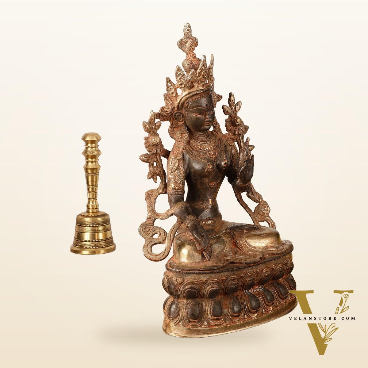 Pure Fine Brass White Tara Statue - 14" Tall - Antique Sand Patina