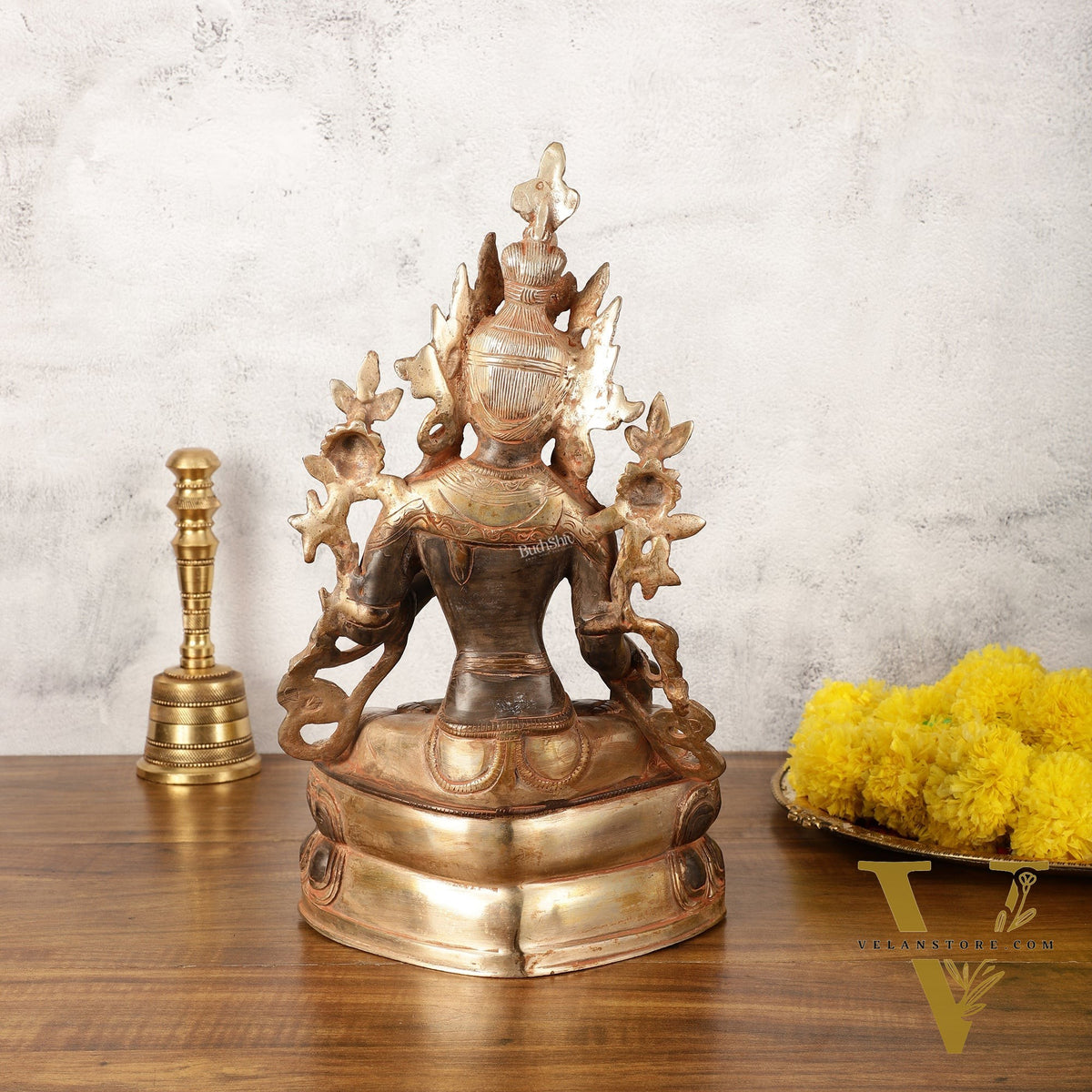 Pure Fine Brass White Tara Statue - 14" Tall - Antique Sand Patina