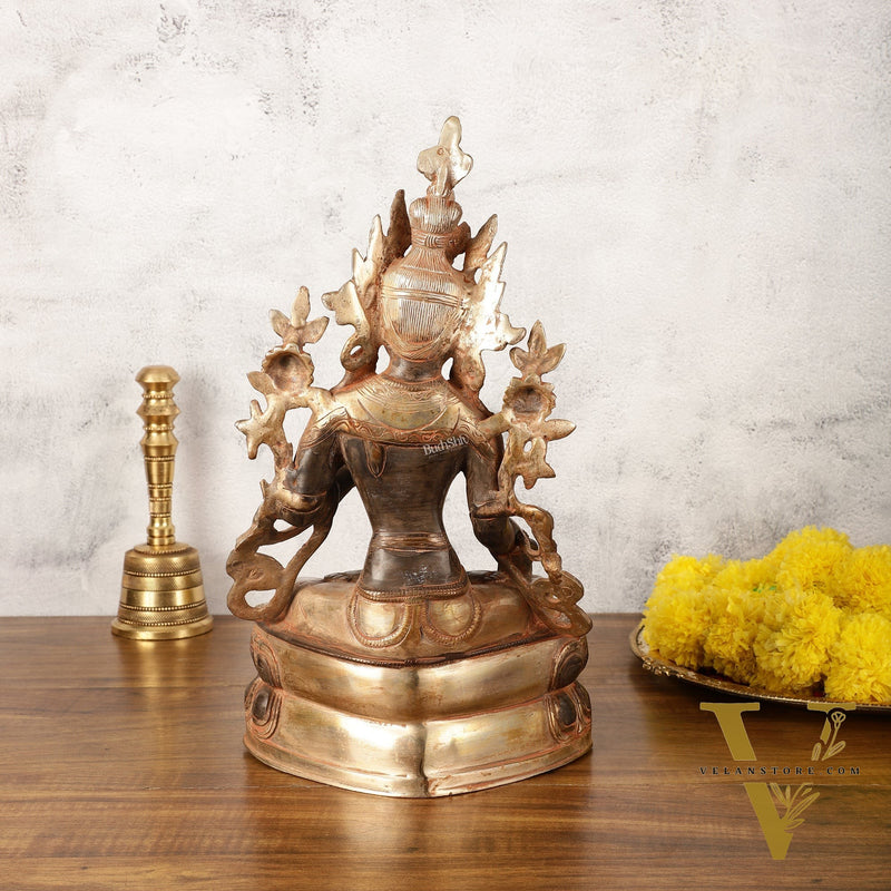 Pure Fine Brass White Tara Statue - 14" Tall - Antique Sand Patina