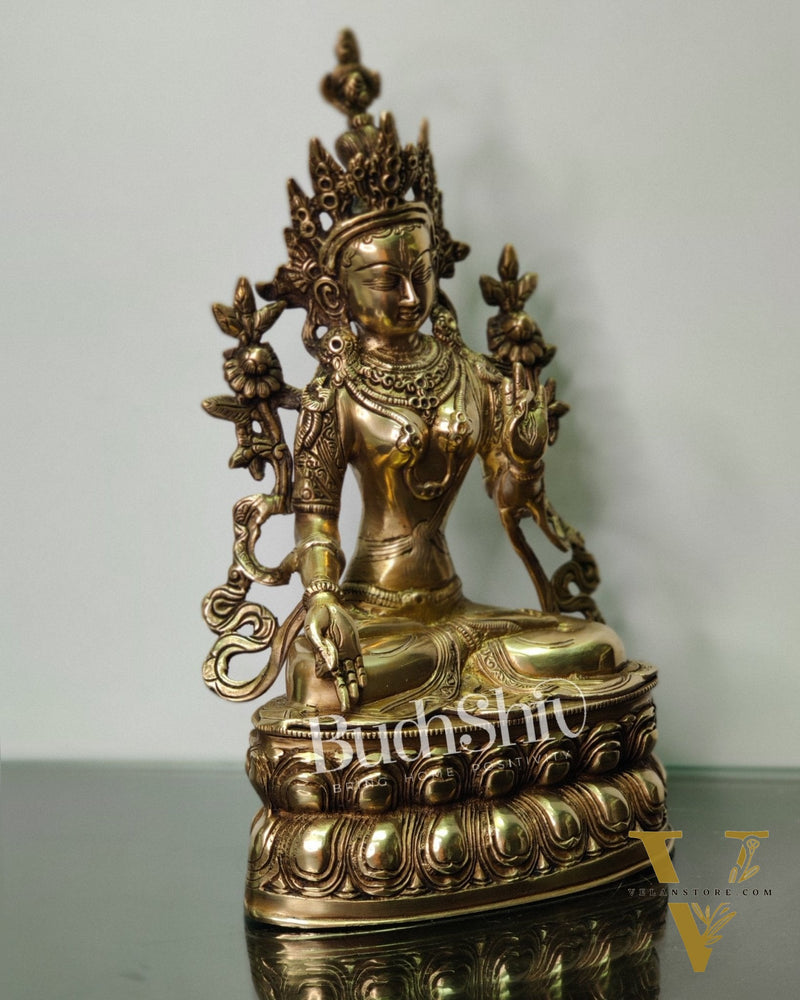Pure Fine Brass White Tara Statue | Symbol of Purity | 14" x 8" x 5"