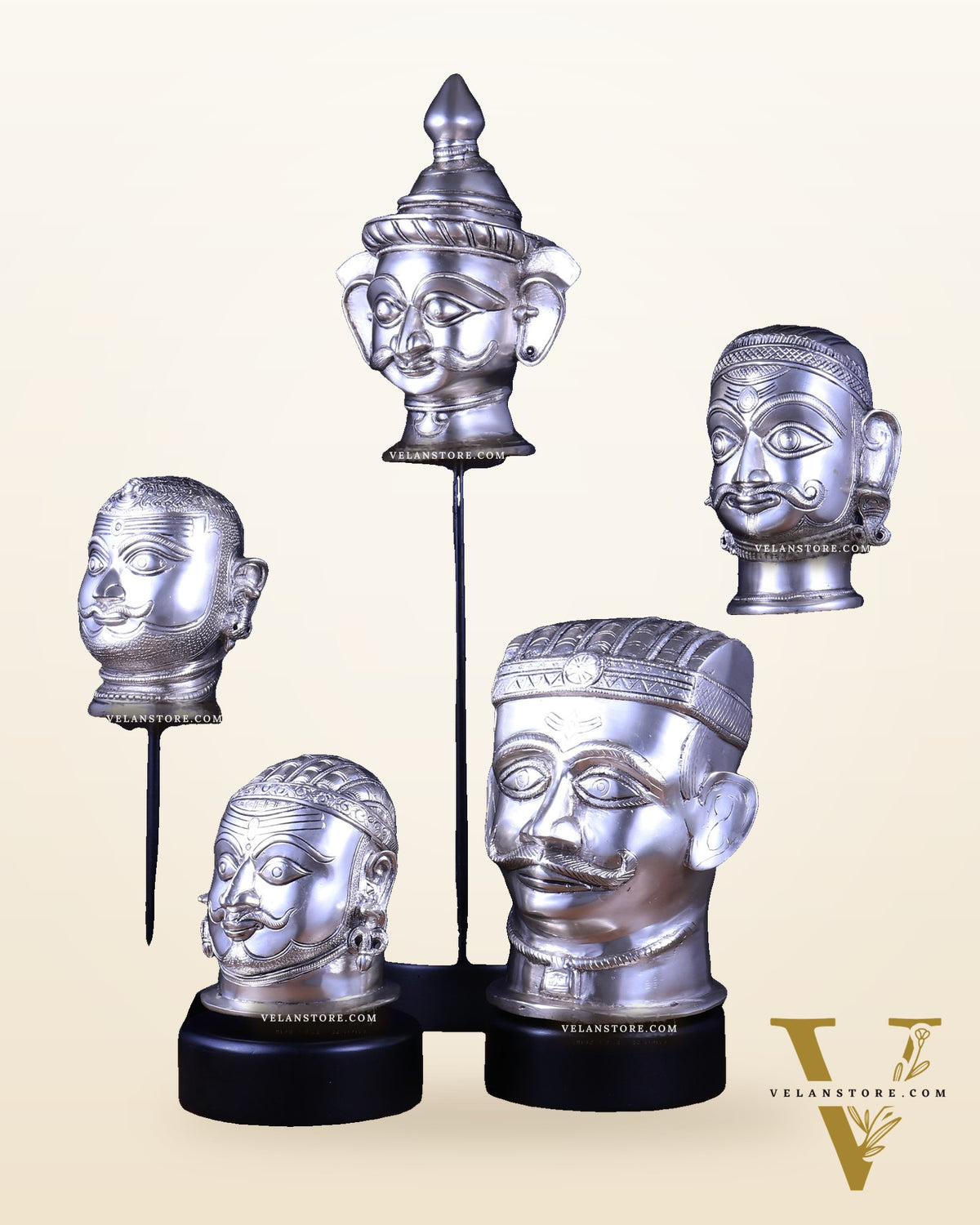 Pure Silver-Plated Brass Shiva Mukhlingam with Wooden Base set of 5