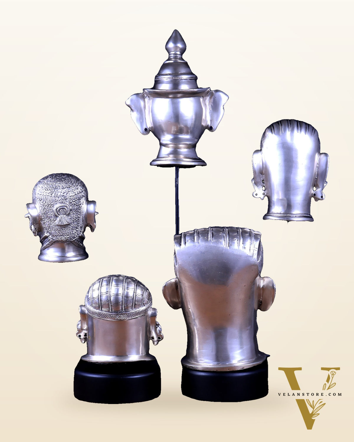 Pure Silver-Plated Brass Shiva Mukhlingam with Wooden Base set of 5