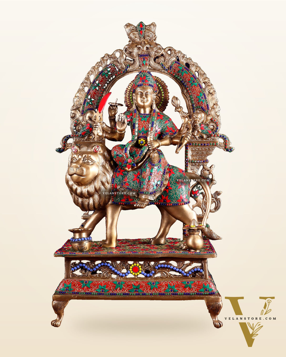Pure Superfine Brass Goddess Durga Statue with Floral Stonework – 26.5 Inch
