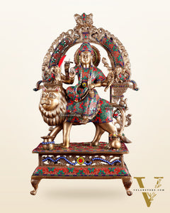 Pure Superfine Brass Goddess Durga Statue with Floral Stonework – 26.5 Inch