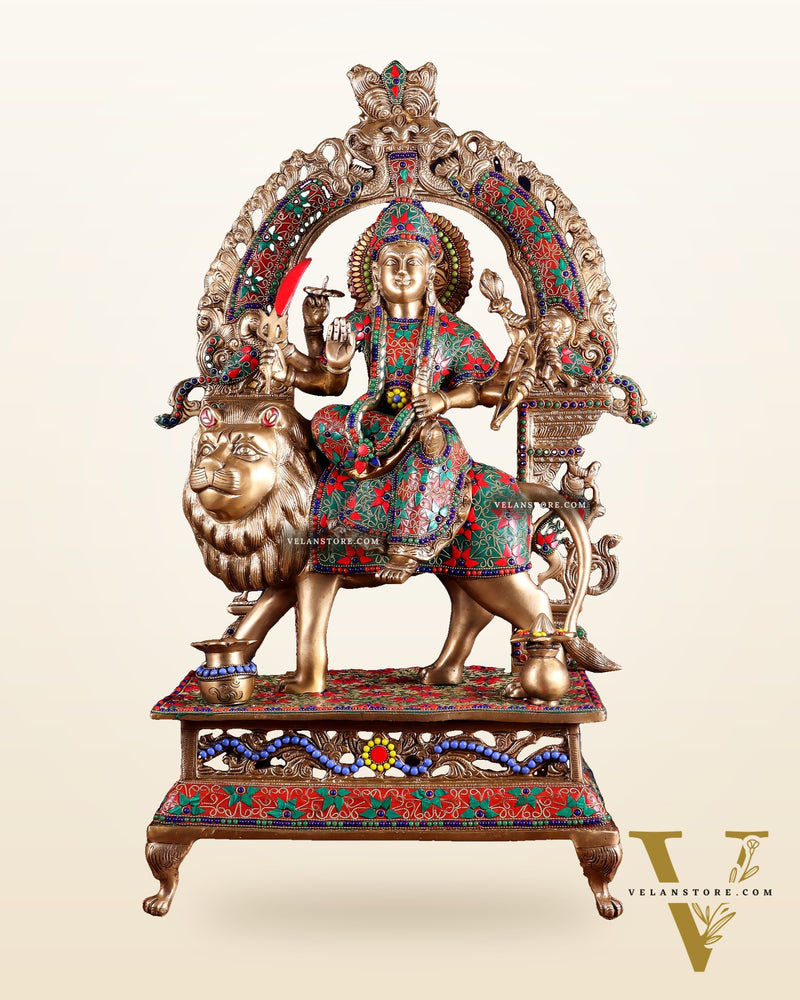 Pure Superfine Brass Goddess Durga Statue with Floral Stonework – 26.5 Inch