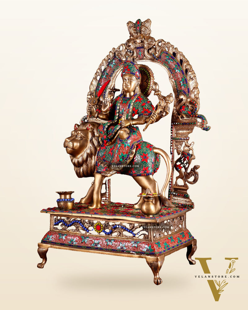 Pure Superfine Brass Goddess Durga Statue with Floral Stonework – 26.5 Inch