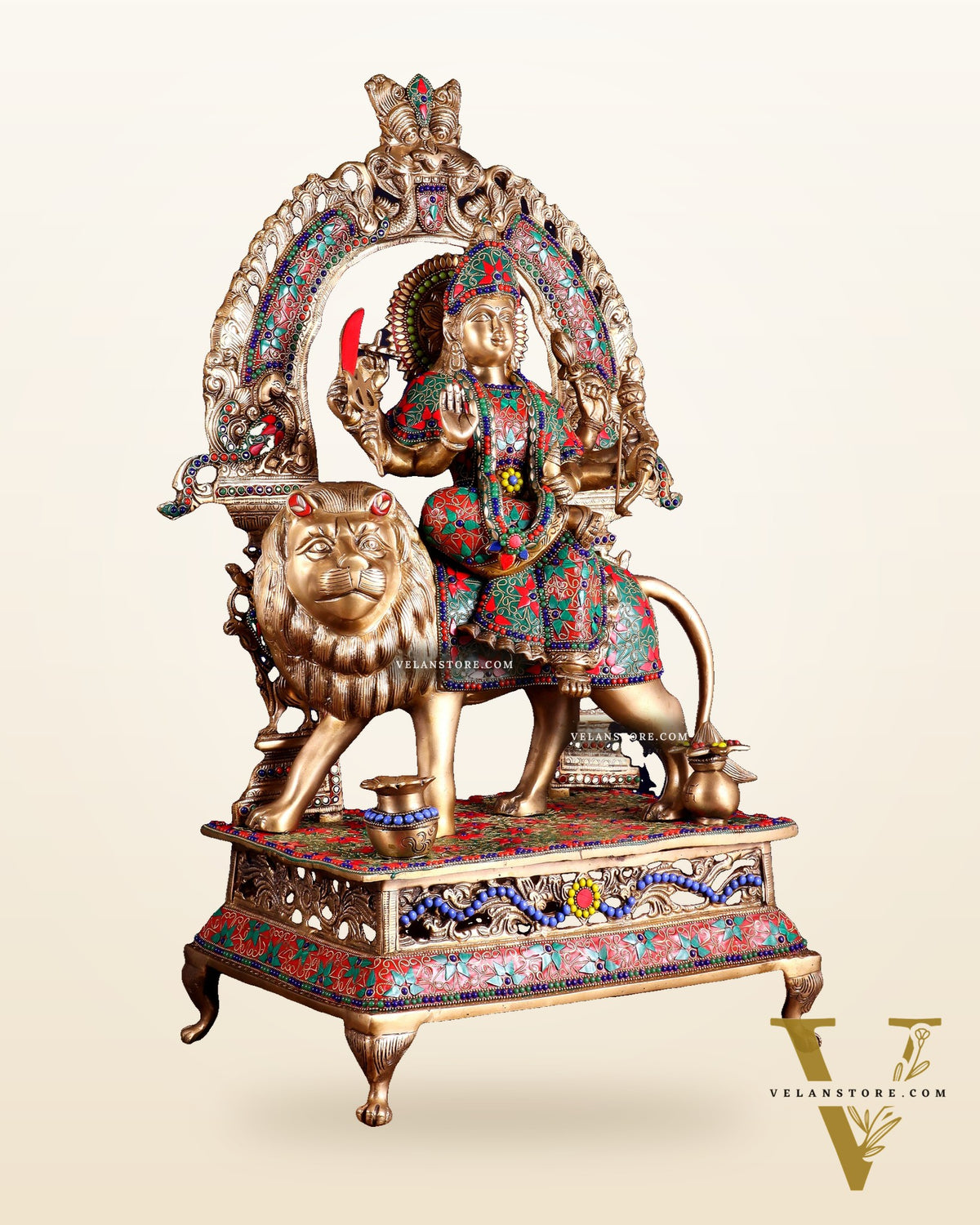 Pure Superfine Brass Goddess Durga Statue with Floral Stonework – 26.5 Inch