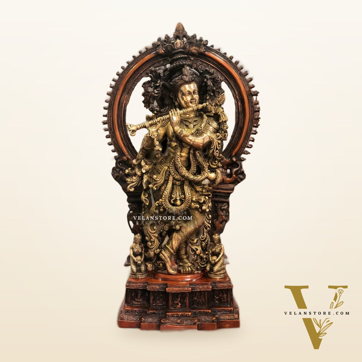 Pure Superfine Brass Krishna Statue | Embossed Large Prabhavali Frame | 32 Inch