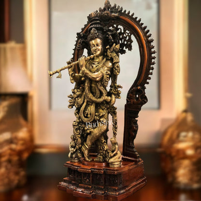 Pure Superfine Brass Krishna Statue | Embossed Large Prabhavali Frame | 32 Inch