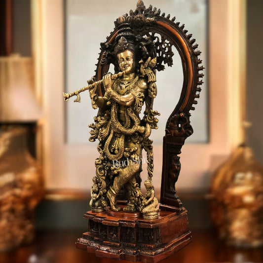 Pure Superfine Brass Krishna Statue | Embossed Large Prabhavali Frame | 32 Inch