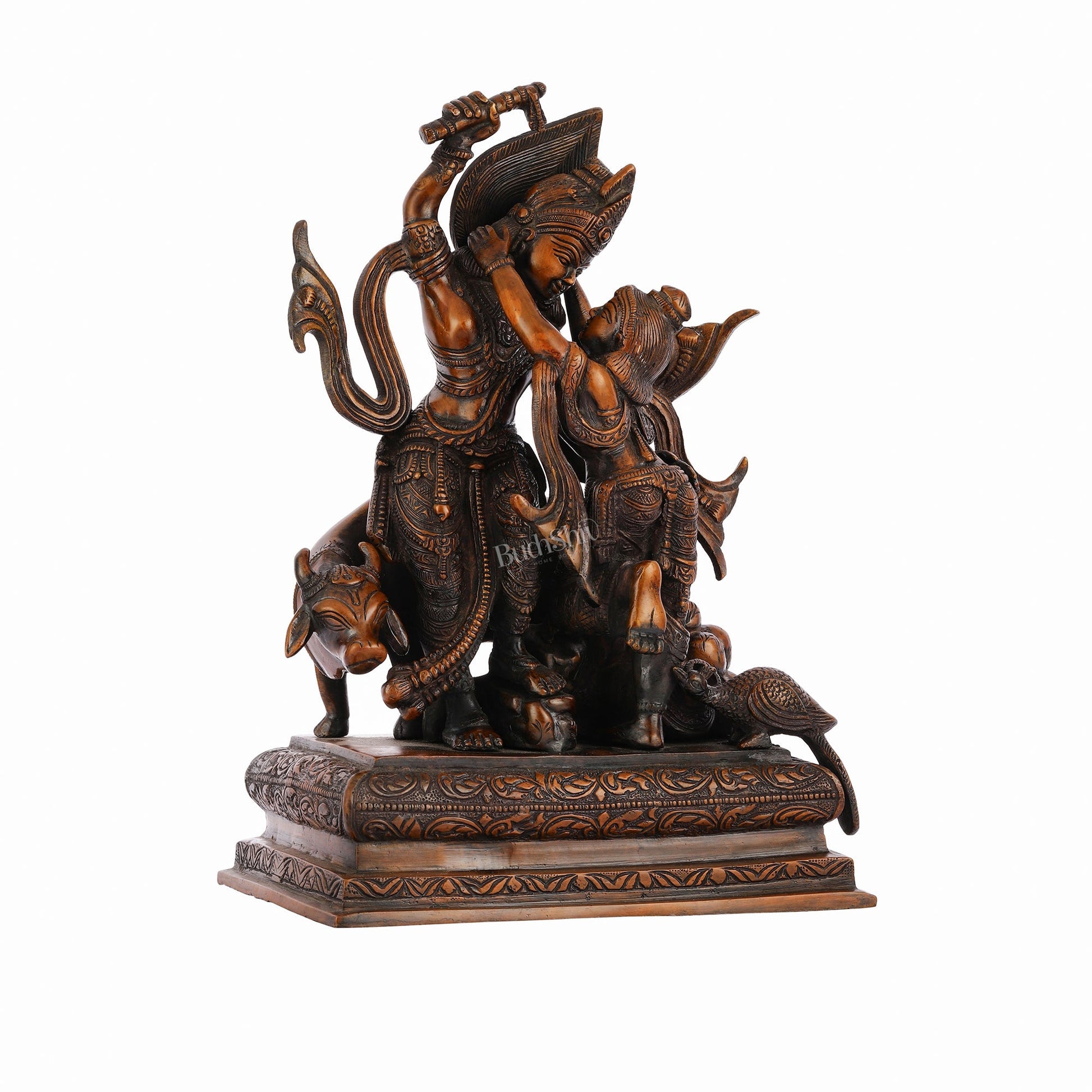 Pure Superfine Brass Radha Krishna Dancing with Cow and Peacock Statue - 12.5"