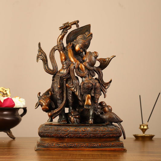 Pure Superfine Brass Radha Krishna Dancing with Cow and Peacock Statue - 12.5"