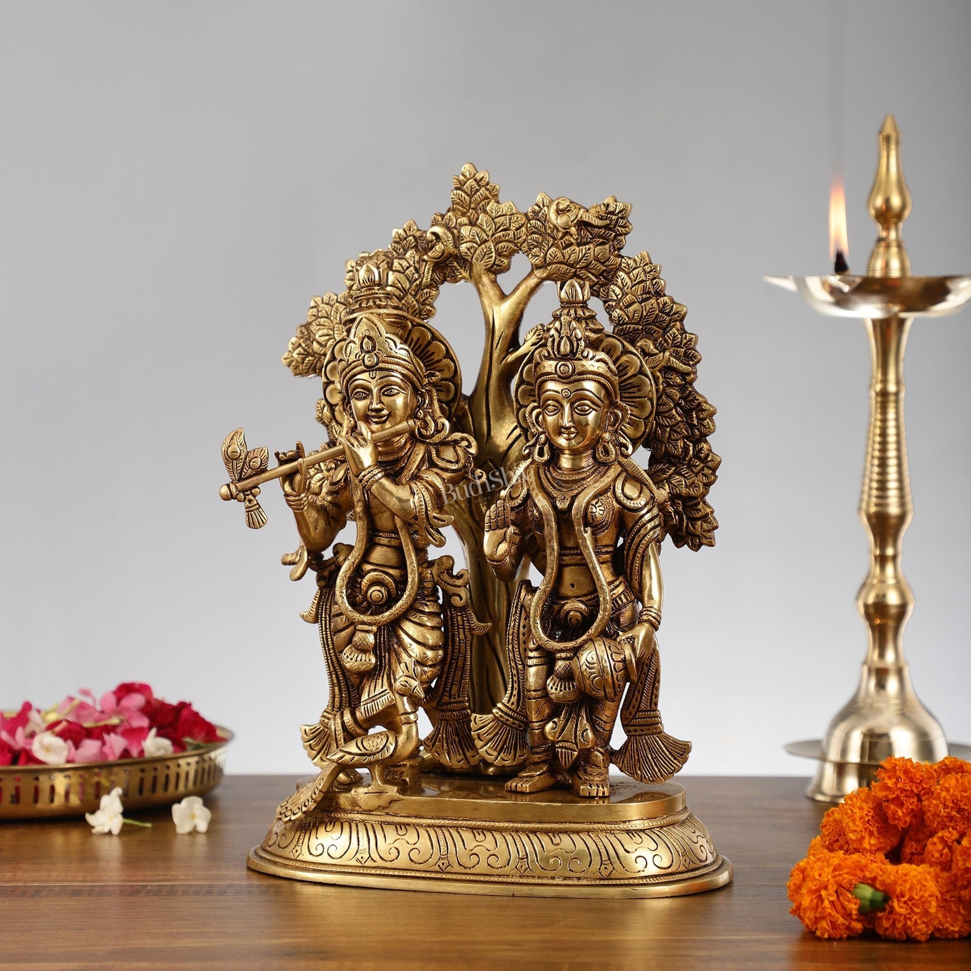 Pure Superfine Brass Radha Krishna Idols with Kalpavriksha Tree 14"