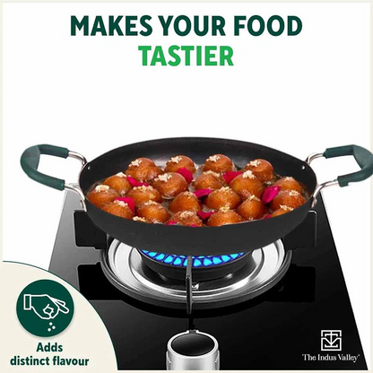 100% Pure Sheet Iron Kadai/ Jalebi/ Paella Pan, Silicone Cool Handles, Seasoned, Toxin-free, Induction, 25.4cm, 1.4L