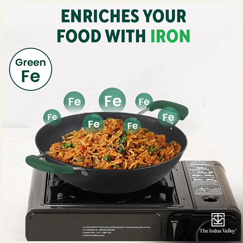 100% Pure Sheet Iron Kadai with Silicon Handle, Seasoned, Toxin-free