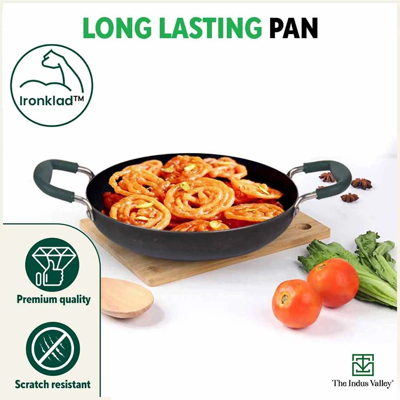 100% Pure Sheet Iron Kadai/ Jalebi/ Paella Pan, Silicone Cool Handles, Seasoned, Toxin-free, Induction, 25.4cm, 1.4L