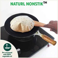 100% Pure Sheet Iron Tawa, Concave, Toxin-free, Seasoned, Wooden Handle, 25.5cm, 0.9kg