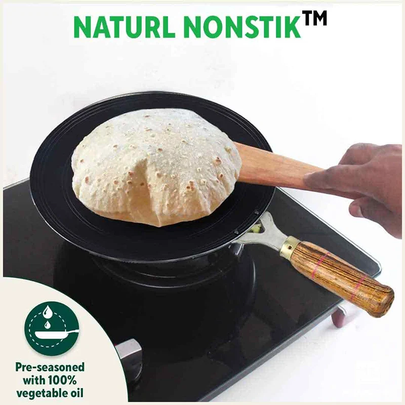 100% Pure Sheet Iron Tawa, Concave, Toxin-free, Seasoned, Wooden Handle, 25.5cm, 0.9kg