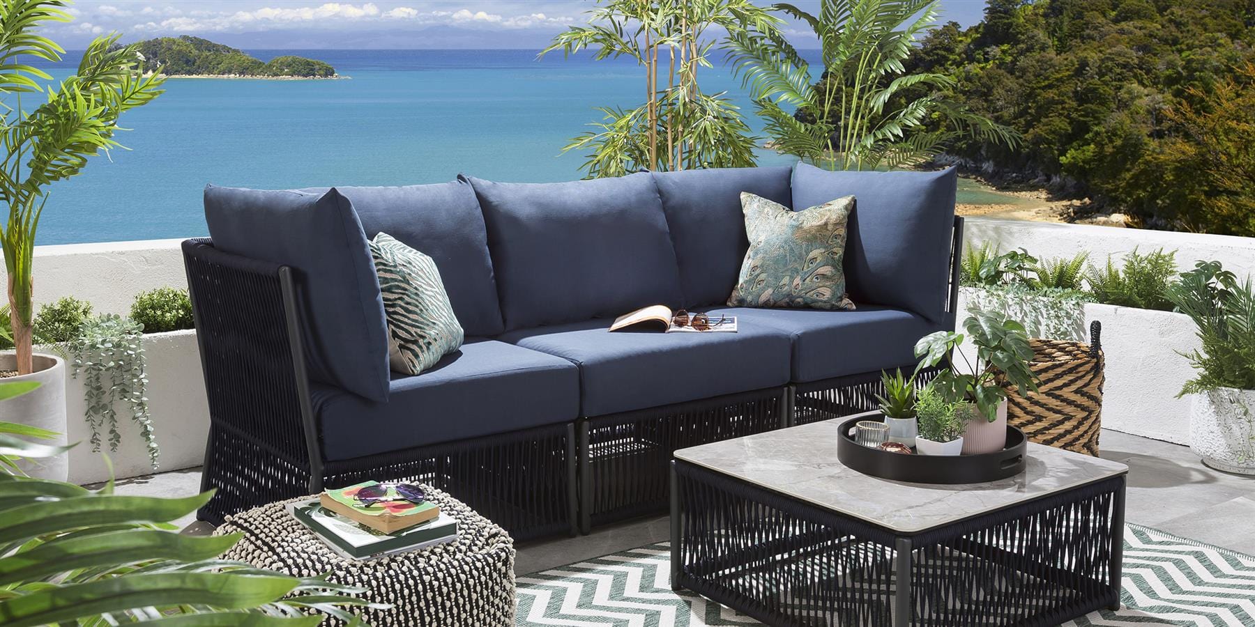 Adán Outdoor Sofa Set 3 Seater and 1 Center Table Set (Blue) Braided & Rope