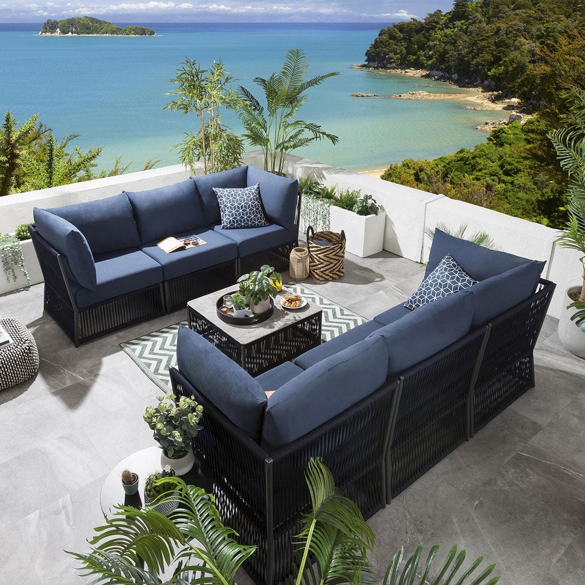 Chiquita Outdoor Sofa Set 6 Seater and 1 Center Table Set (Blue) Braided & Rope