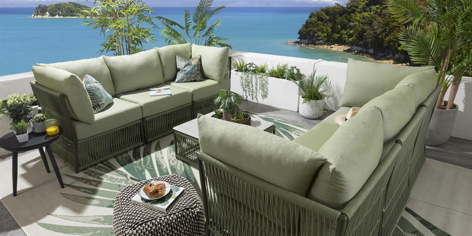 Arsenio Outdoor Sofa Set 6 Seater and 1 Center Table Set (Green) Braided & Rope