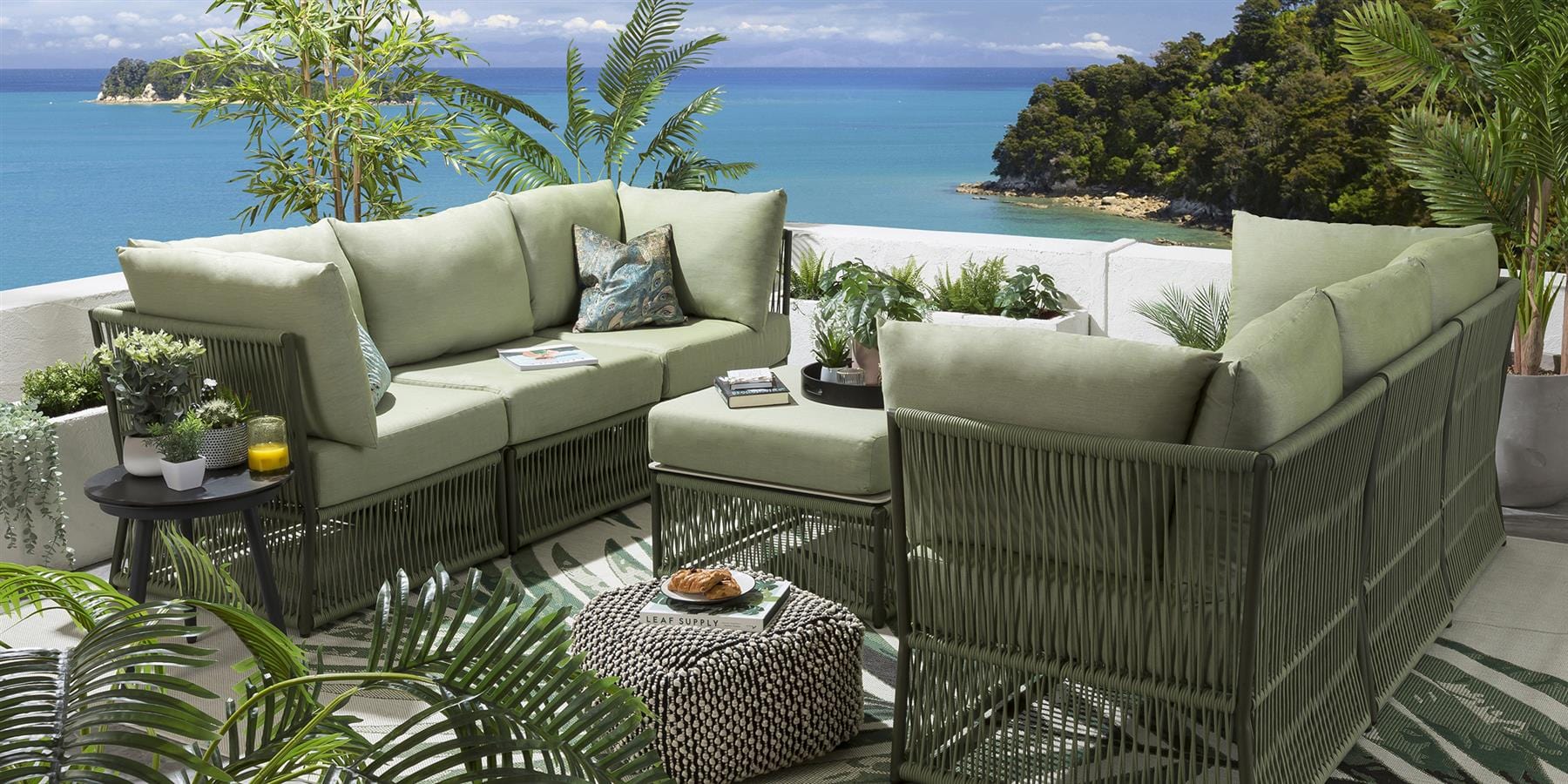 Arsenio Outdoor Sofa Set 6 Seater and 1 Center Table Set (Green) Braided & Rope