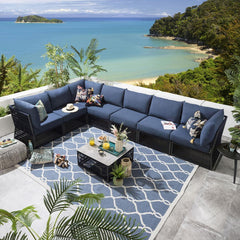 Valencia Outdoor Sofa Set 7 Seater, 1 Center Table Set (Blue) Braided & Rope