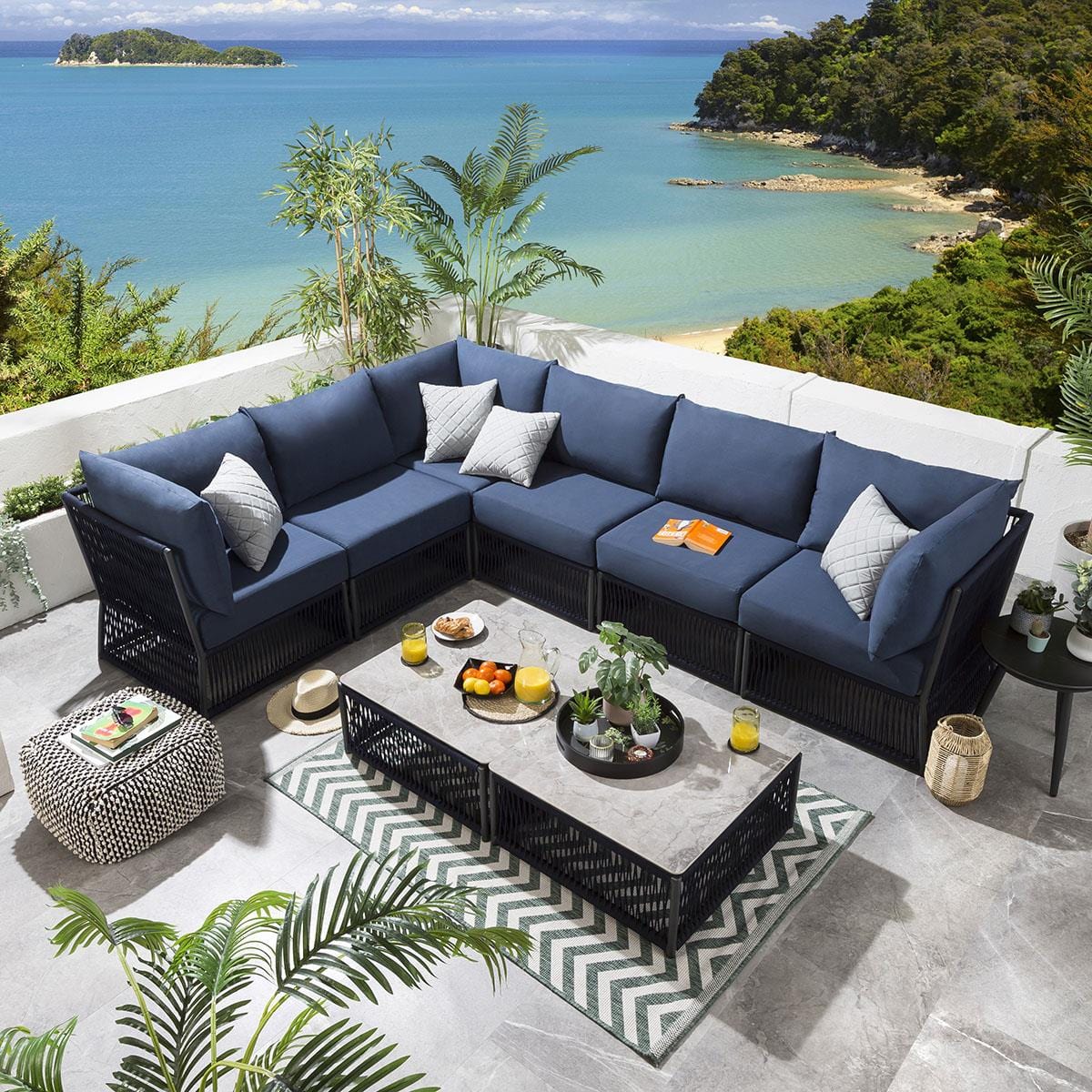 Carreon Outdoor Sofa Set 6 Seater and 2 Center Table Set (Blue) Braided & Rope