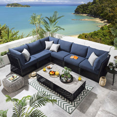 Jacobo Outdoor Sofa Set 6 Seater and 1 Center Table Set (Blue) Braided & Rope